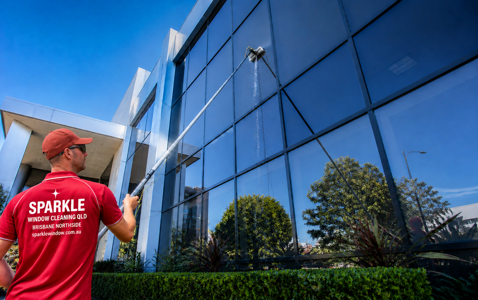 Commercial window cleaning on a glass building