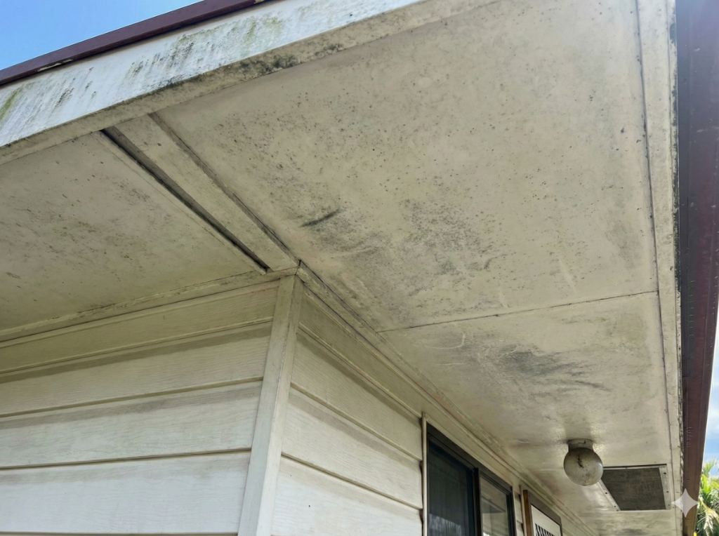 Dirty eaves with black mould before soft wash