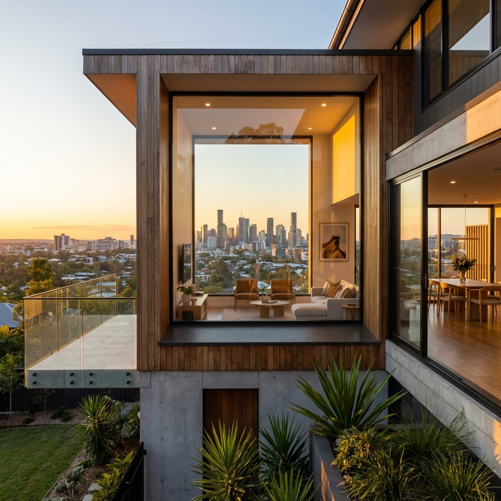 Stunning Brisbane CBD skyline view through crystal clear windows