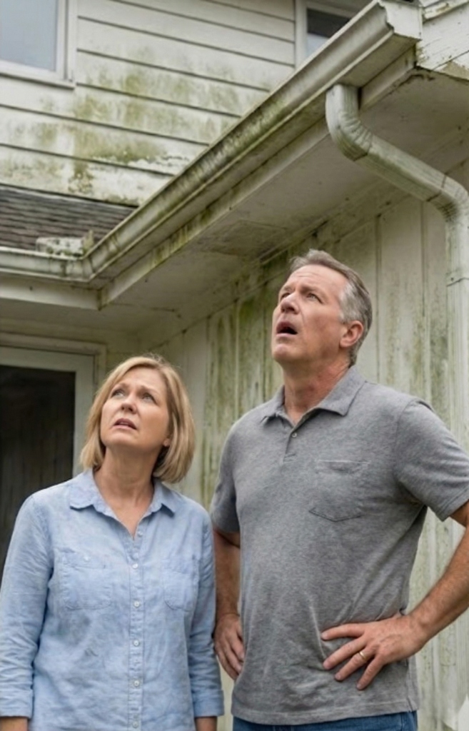 Homeowners looking up at mouldy eaves with concern