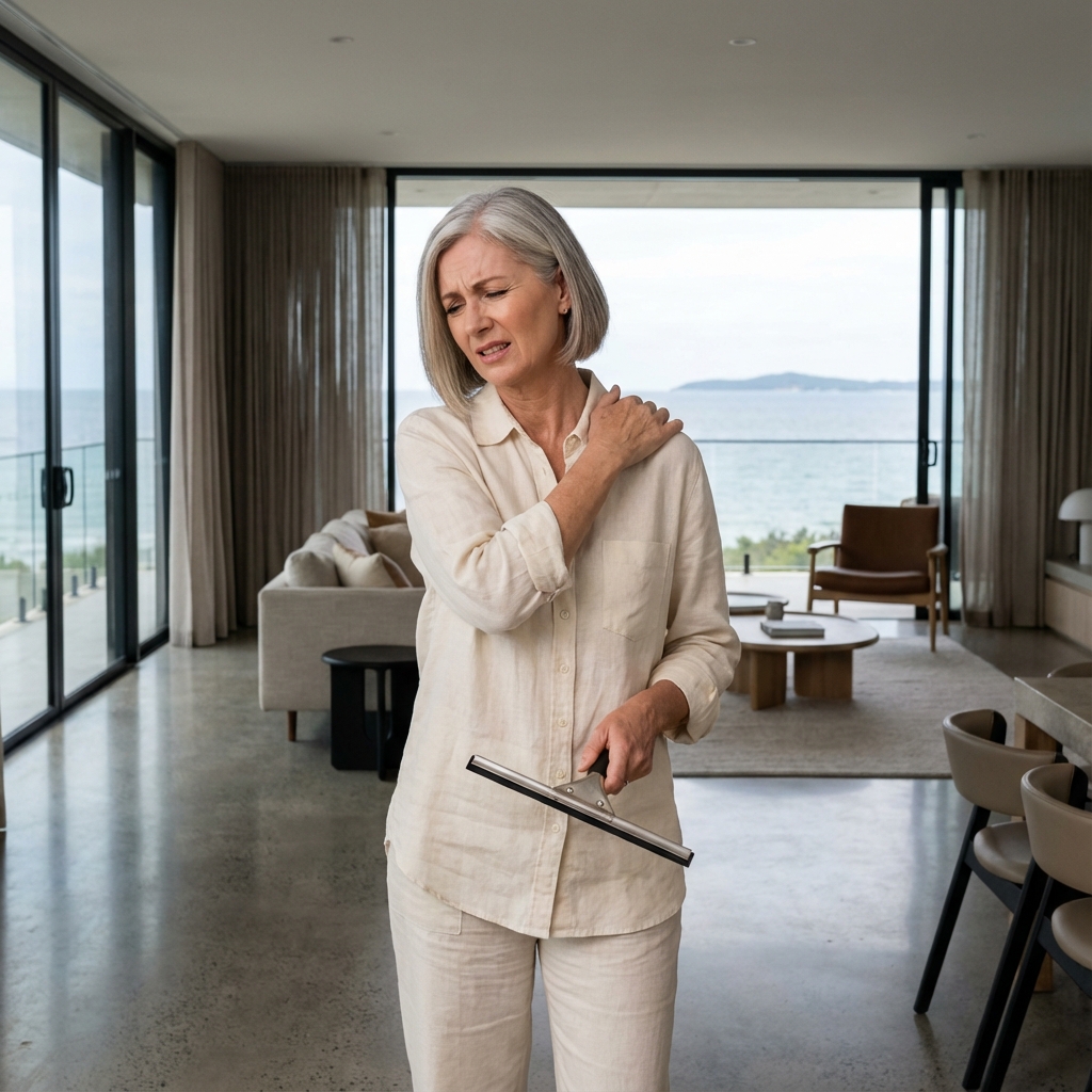 Elegant woman in luxury home experiencing shoulder pain