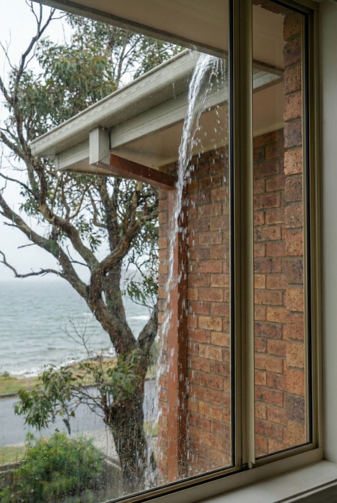 Homeowner looking up at blocked gutters with concern