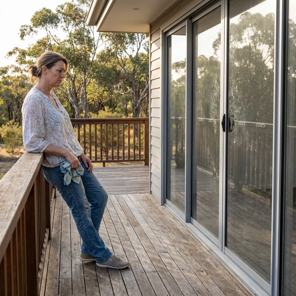 Frustrated homeowner cleaning windows in Warner