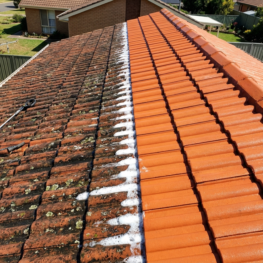 Roof Soft Wash Detox - Before and After showing removal of moss and lichen